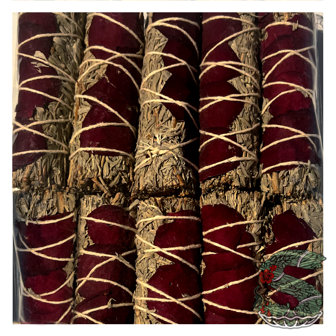 Blue Sage w/ Red Rose Petals Smudge Sticks (4")