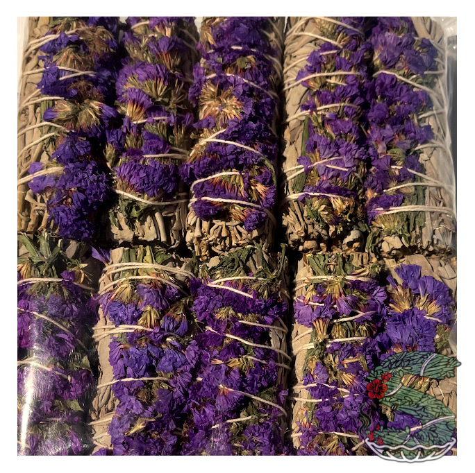 White Sage with Purple Sinuata Flowers Smudge Sticks (4")