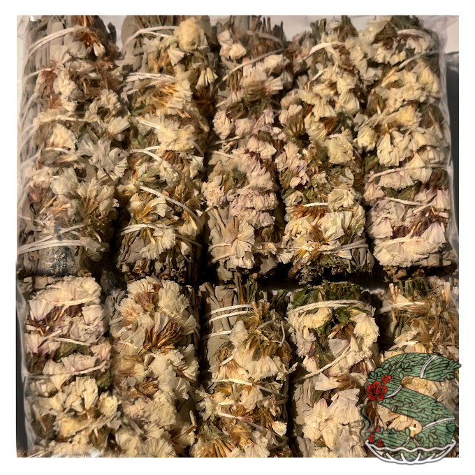 White Sage with White Sinuata Flowers Smudge Sticks (4")