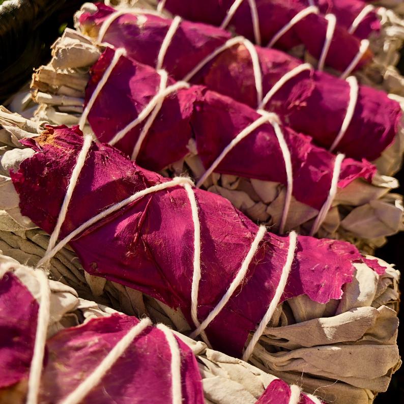 White Sage with Red Petals Smudge Sticks (4")