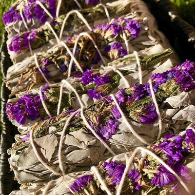 White Sage with Purple Sinuata Flowers Smudge Sticks (4